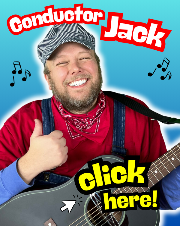 Conductor Jack from the Zinghoppers holding a guitar, smiling and giving a thumbs up